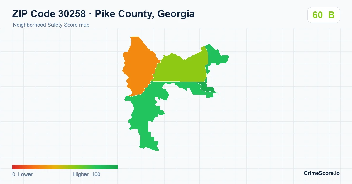 ZIP Code 30258 in Pike County, Georgia neighborhood Safety Score map
