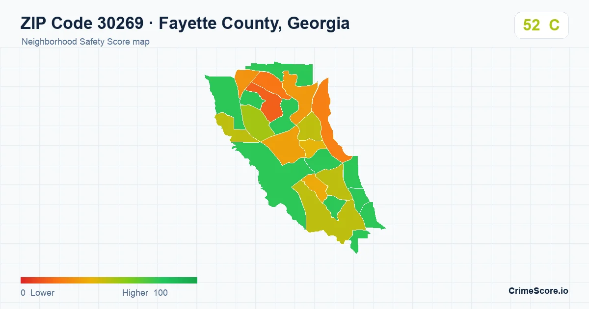 ZIP Code 30269 in Fayette County, Georgia neighborhood Safety Score map