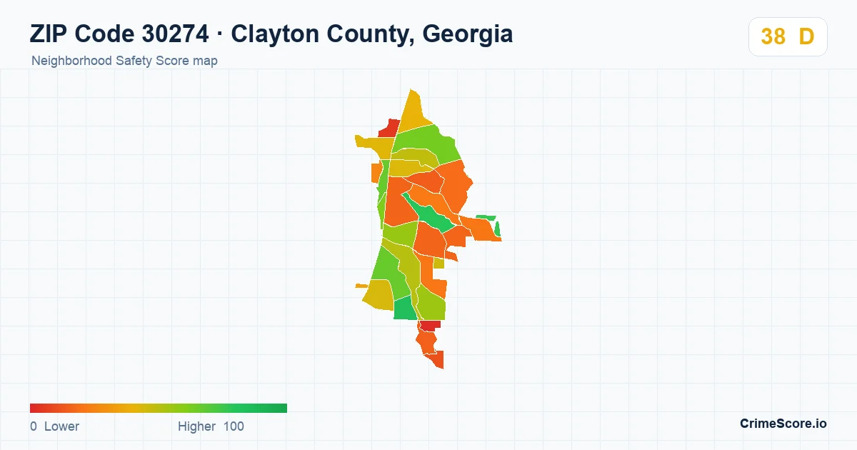 ZIP Code 30274 in Clayton County, Georgia neighborhood Safety Score map