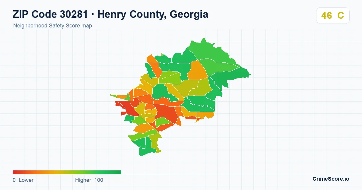 ZIP Code 30281 in Henry County, Georgia neighborhood Safety Score map
