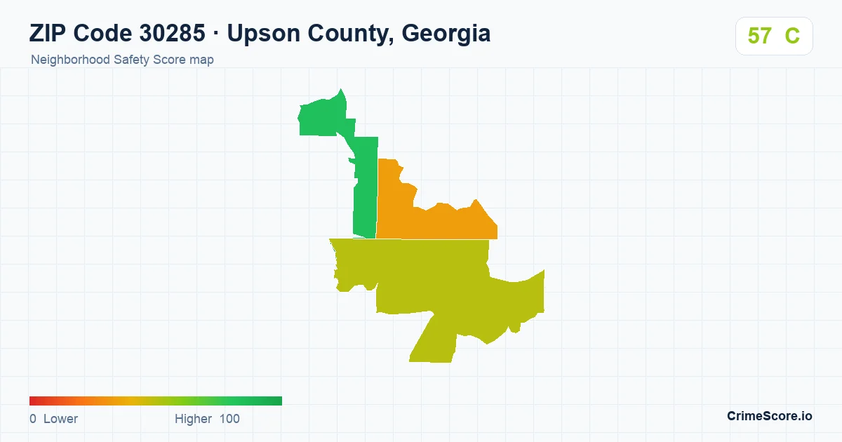 ZIP Code 30285 in Upson County, Georgia neighborhood Safety Score map