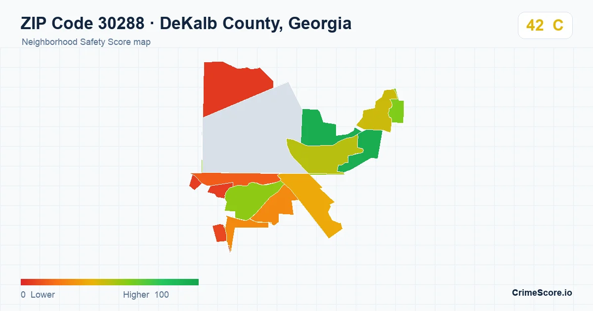ZIP Code 30288 in DeKalb County, Georgia neighborhood Safety Score map
