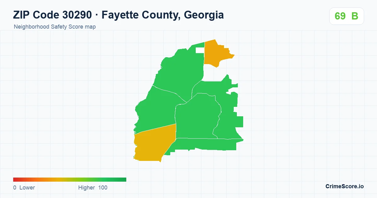 ZIP Code 30290 in Fayette County, Georgia neighborhood Safety Score map
