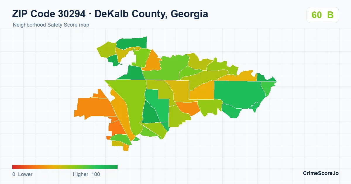 ZIP Code 30294 in DeKalb County, Georgia neighborhood Safety Score map