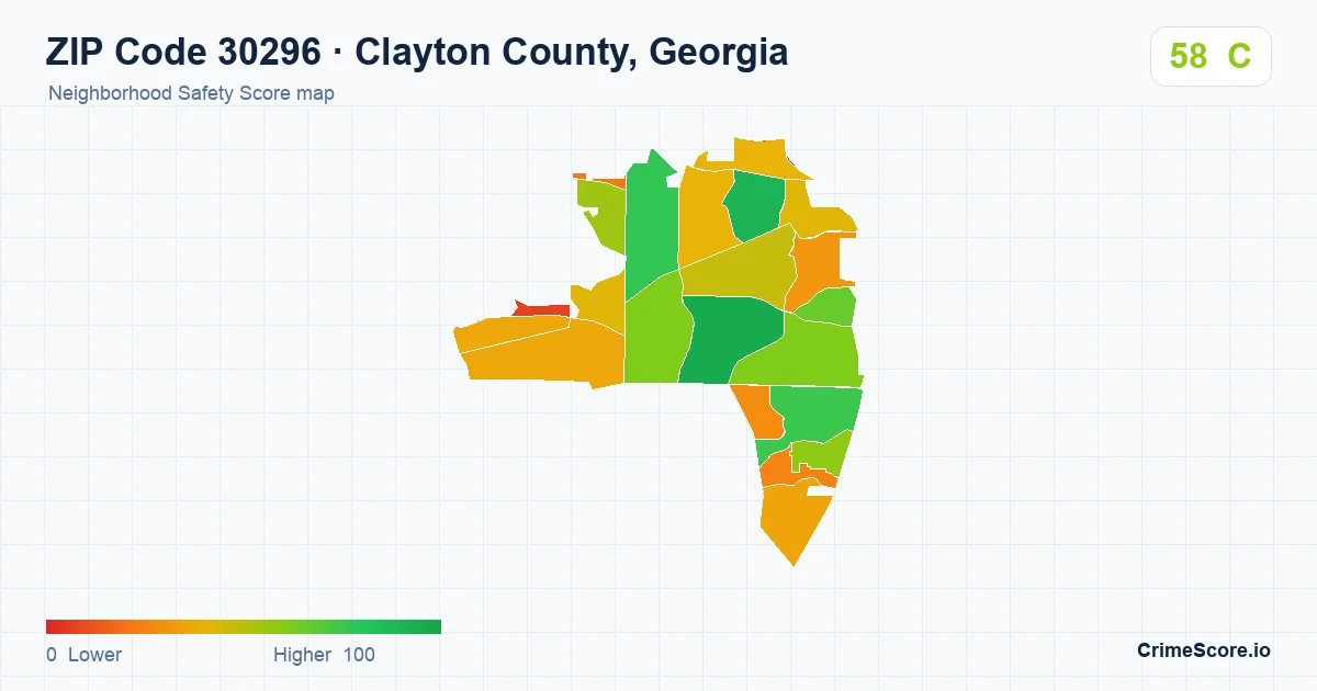 ZIP Code 30296 in Clayton County, Georgia neighborhood Safety Score map