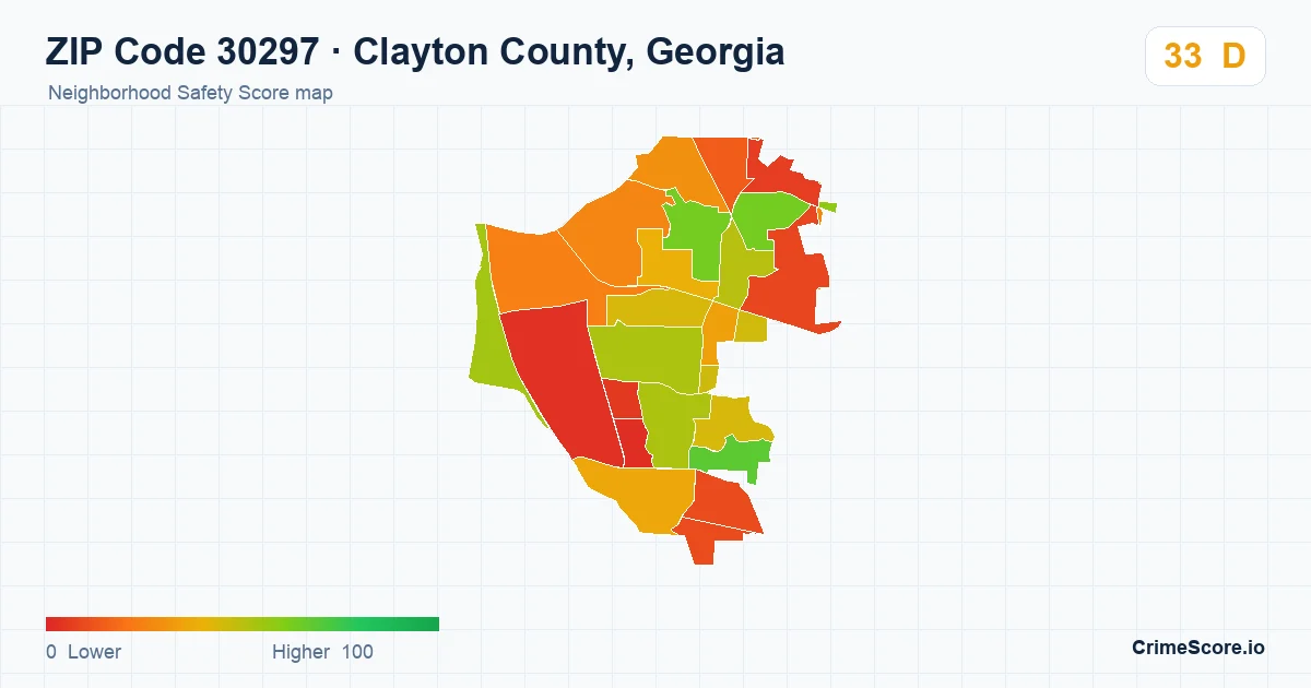 ZIP Code 30297 in Clayton County, Georgia neighborhood Safety Score map