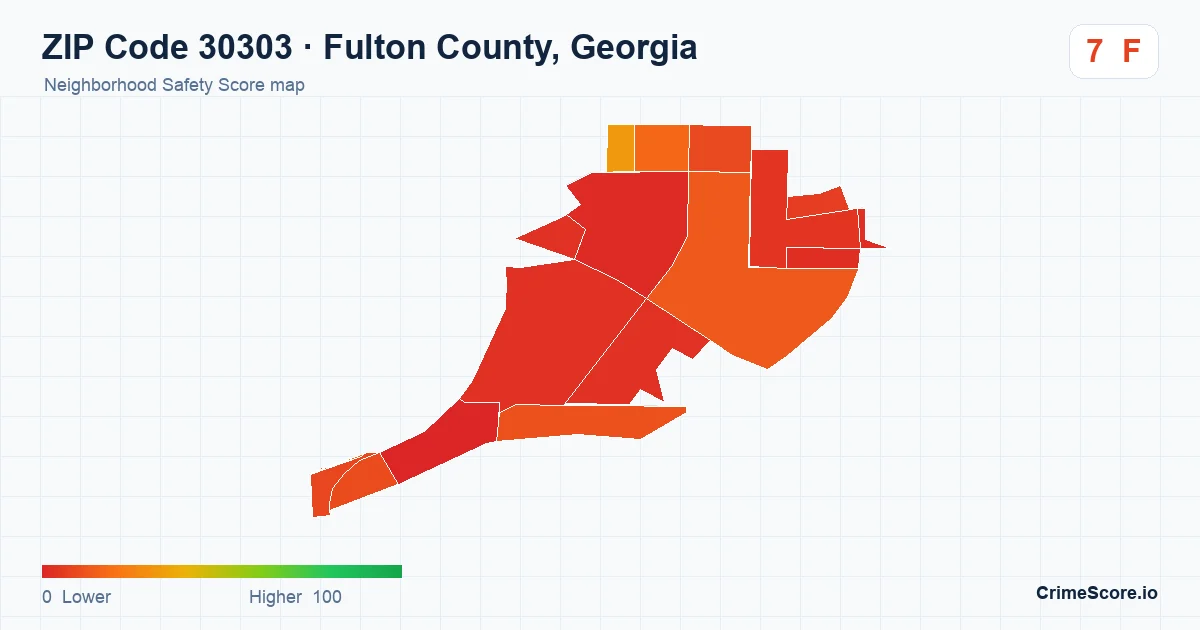 ZIP Code 30303 in Fulton County, Georgia neighborhood Safety Score map