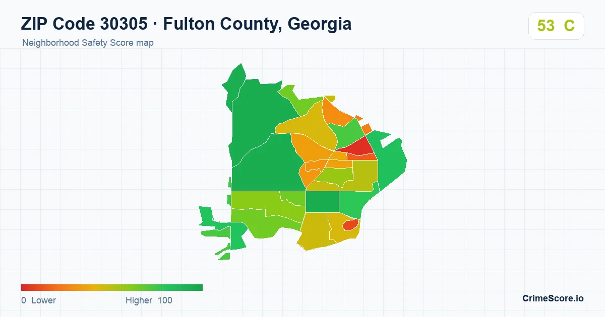 ZIP Code 30305 in Fulton County, Georgia neighborhood Safety Score map