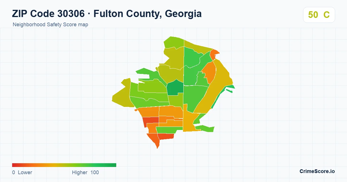 ZIP Code 30306 in Fulton County, Georgia neighborhood Safety Score map