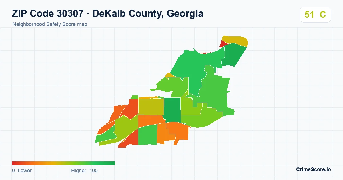 ZIP Code 30307 in DeKalb County, Georgia neighborhood Safety Score map