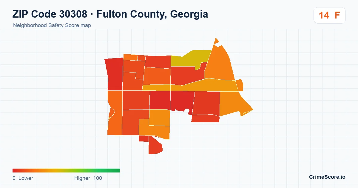 ZIP Code 30308 in Fulton County, Georgia neighborhood Safety Score map