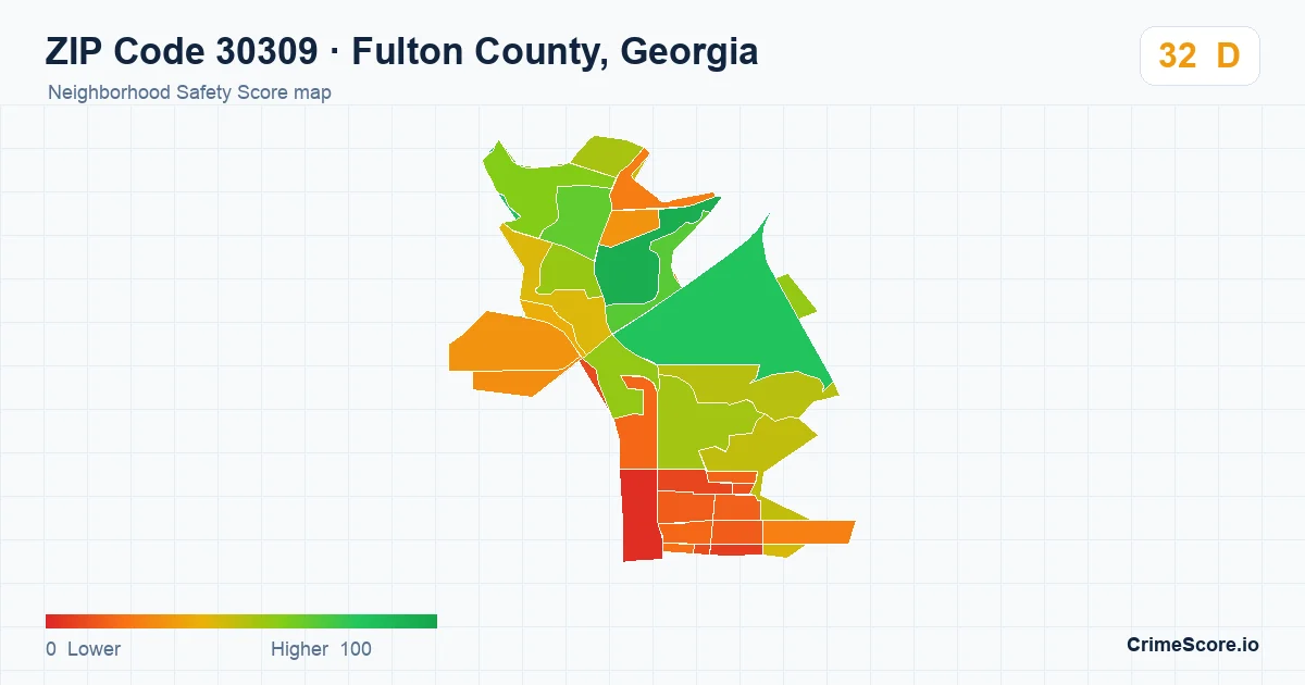 ZIP Code 30309 in Fulton County, Georgia neighborhood Safety Score map