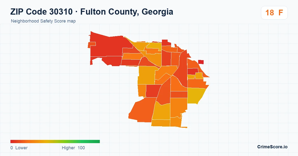 ZIP Code 30310 in Fulton County, Georgia neighborhood Safety Score map