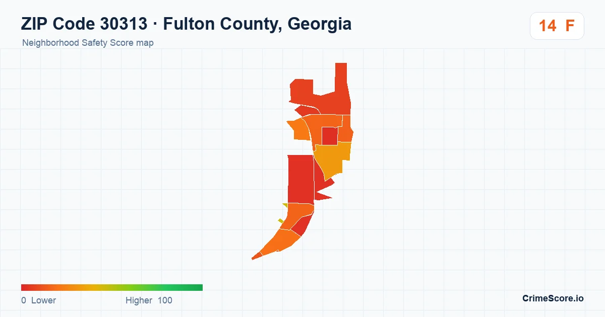 ZIP Code 30313 in Fulton County, Georgia neighborhood Safety Score map