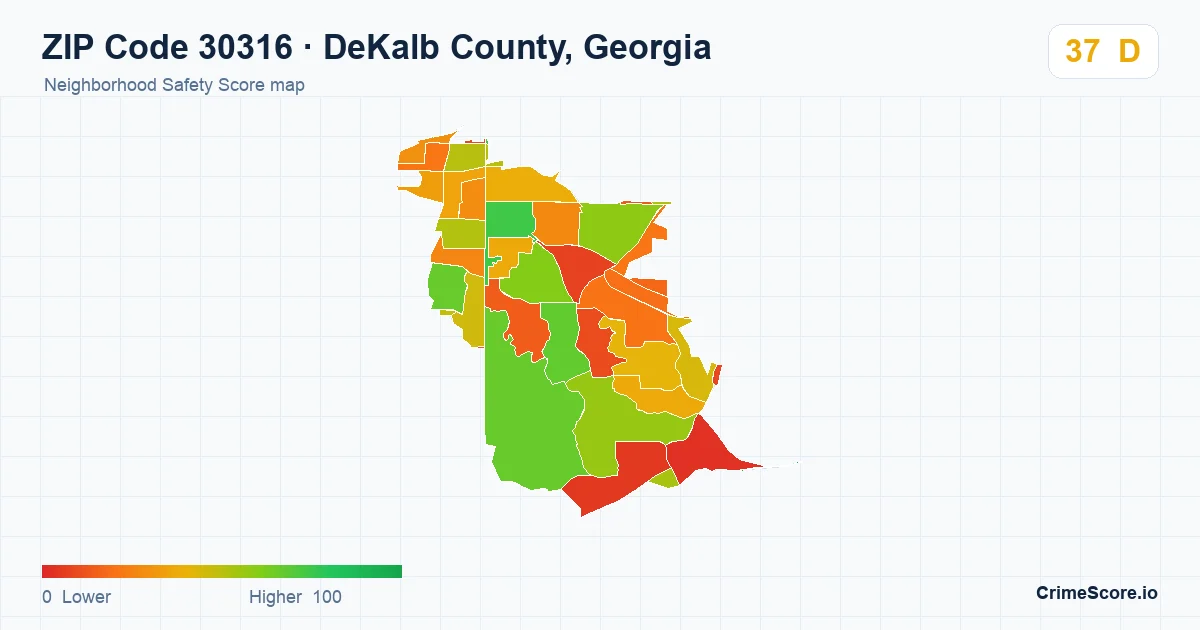 ZIP Code 30316 in DeKalb County, Georgia neighborhood Safety Score map