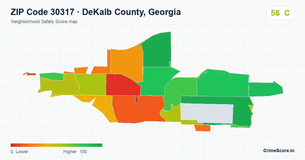 ZIP Code 30317 in DeKalb County, Georgia neighborhood Safety Score map