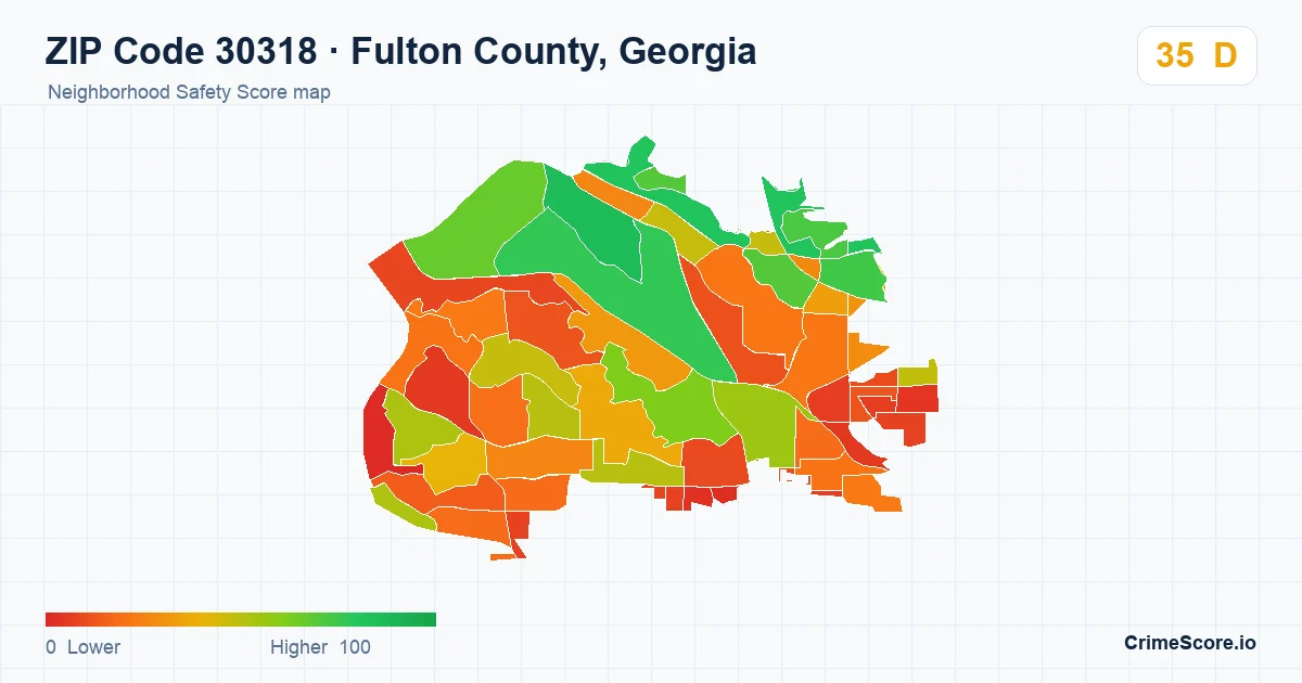 ZIP Code 30318 in Fulton County, Georgia neighborhood Safety Score map