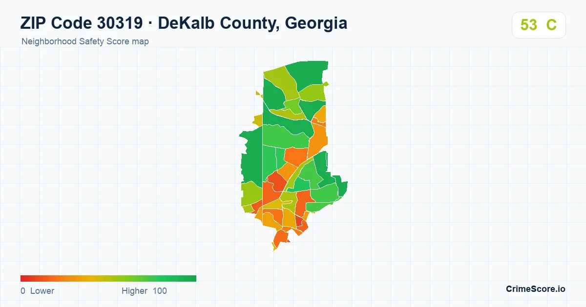 ZIP Code 30319 in DeKalb County, Georgia neighborhood Safety Score map