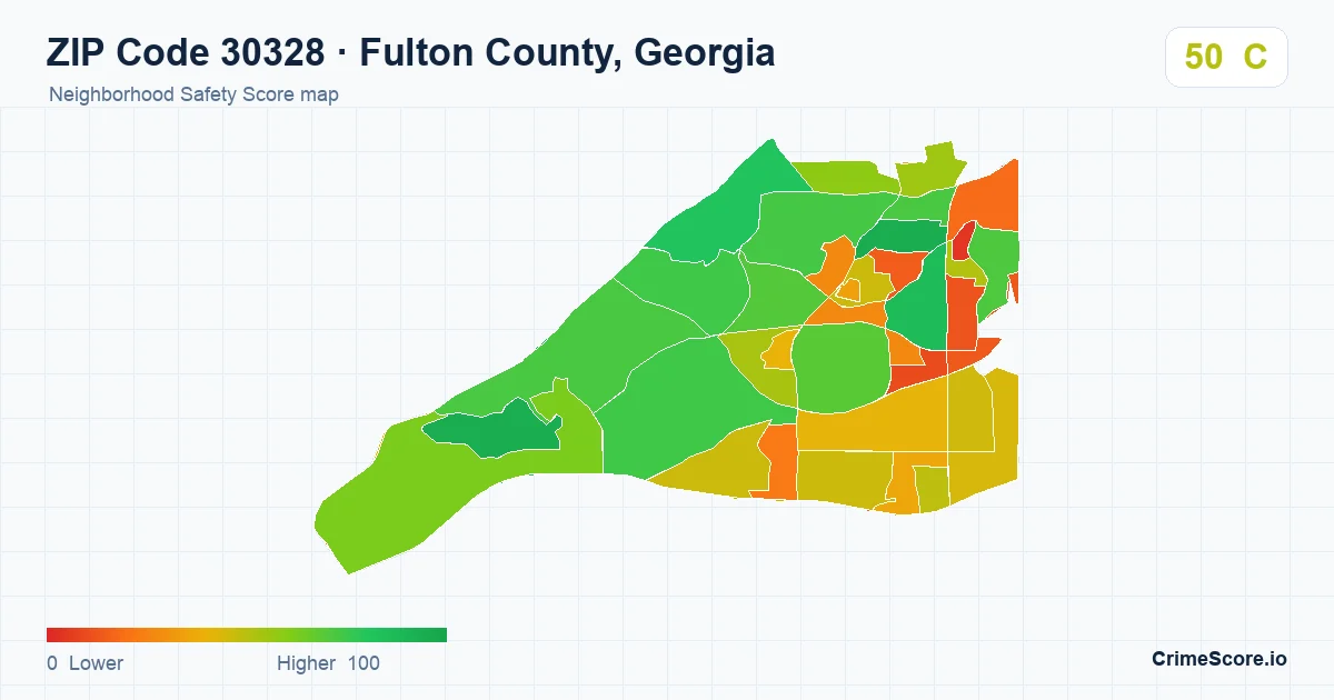 ZIP Code 30328 in Fulton County, Georgia neighborhood Safety Score map