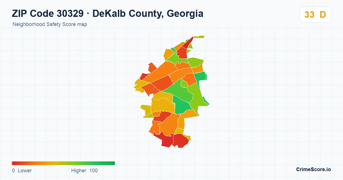 ZIP Code 30329 in DeKalb County, Georgia neighborhood Safety Score map