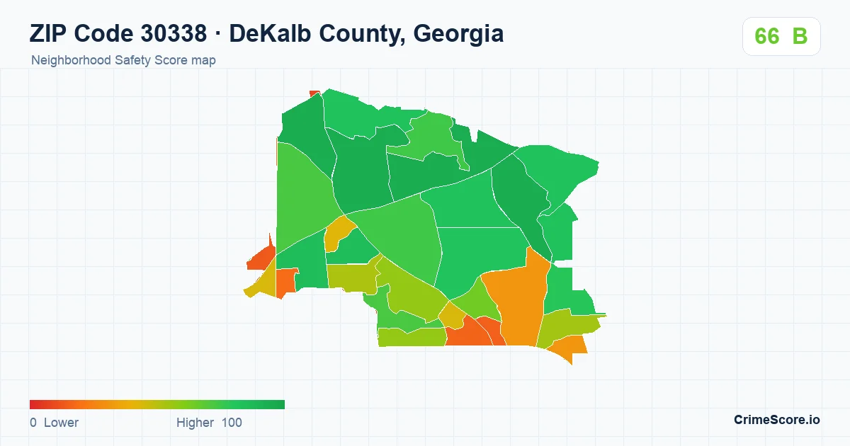 ZIP Code 30338 in DeKalb County, Georgia neighborhood Safety Score map