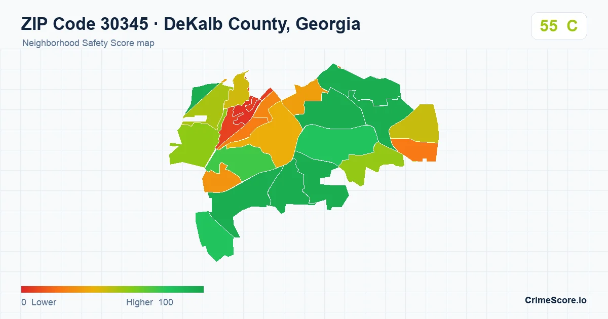 ZIP Code 30345 in DeKalb County, Georgia neighborhood Safety Score map