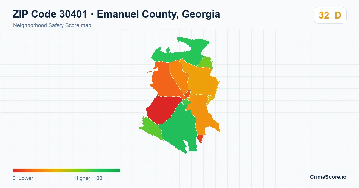ZIP Code 30401 in Emanuel County, Georgia neighborhood Safety Score map