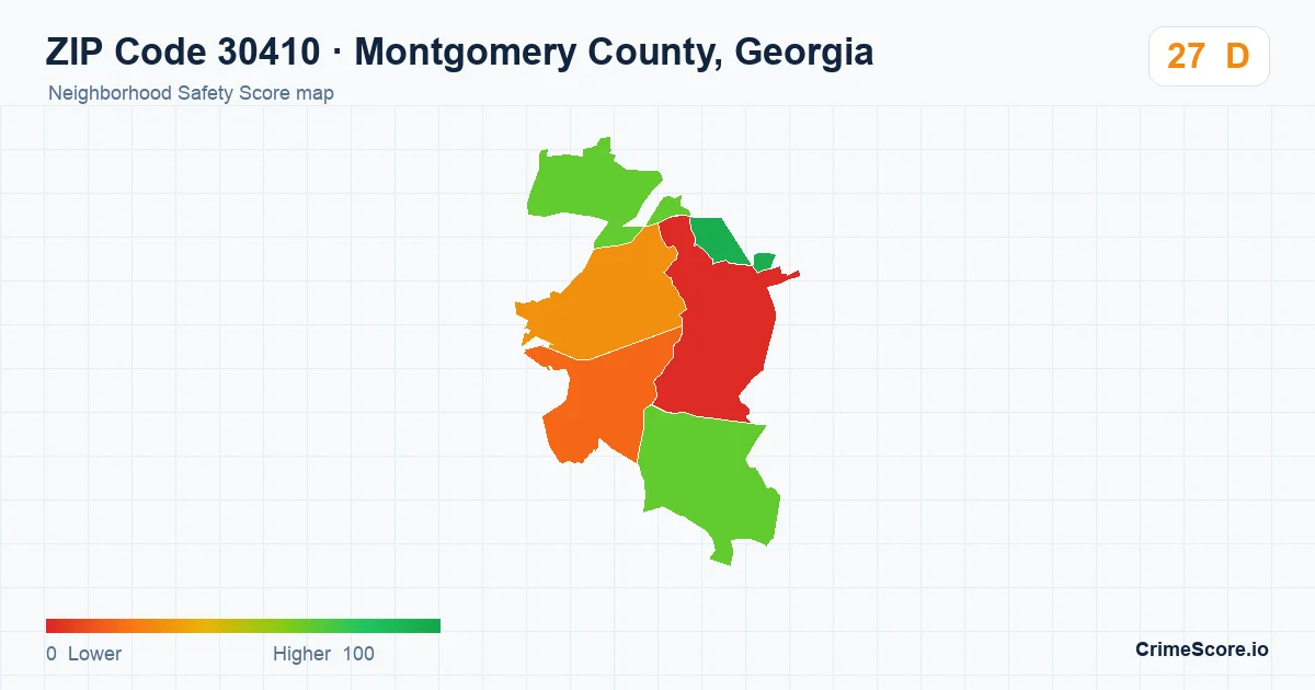 ZIP Code 30410 in Montgomery County, Georgia neighborhood Safety Score map