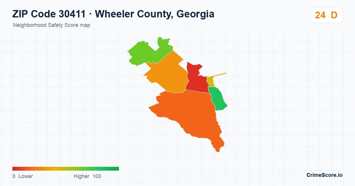 ZIP Code 30411 in Wheeler County, Georgia neighborhood Safety Score map