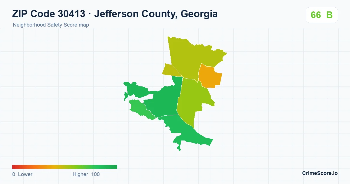 ZIP Code 30413 in Jefferson County, Georgia neighborhood Safety Score map