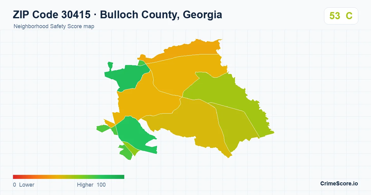 ZIP Code 30415 in Bulloch County, Georgia neighborhood Safety Score map