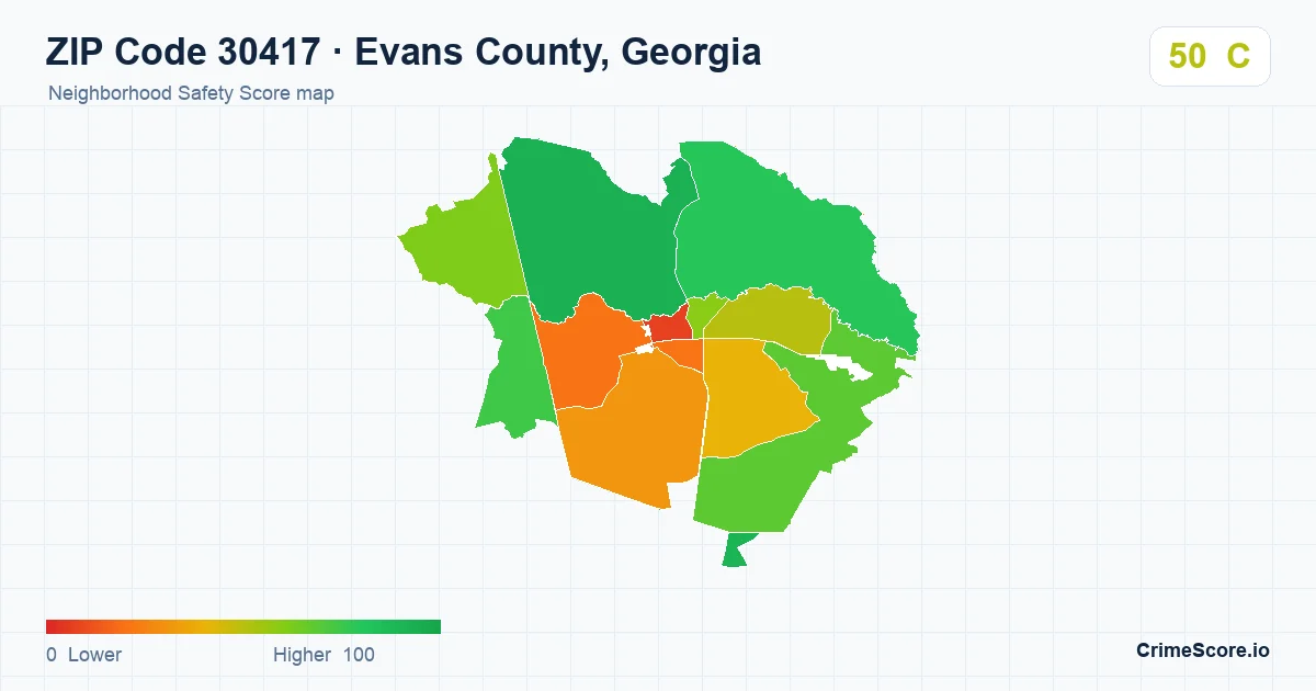 ZIP Code 30417 in Evans County, Georgia neighborhood Safety Score map