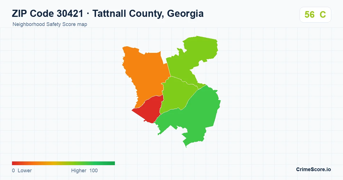 ZIP Code 30421 in Tattnall County, Georgia neighborhood Safety Score map