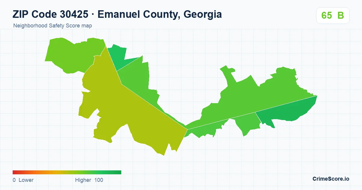 ZIP Code 30425 in Emanuel County, Georgia neighborhood Safety Score map