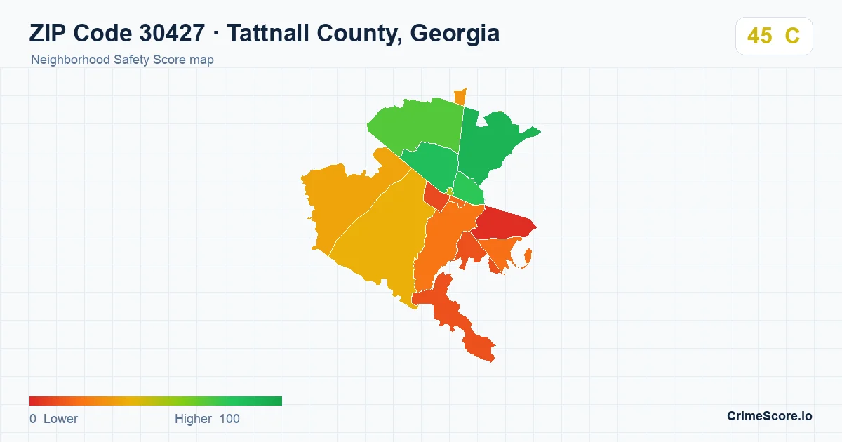 ZIP Code 30427 in Tattnall County, Georgia neighborhood Safety Score map