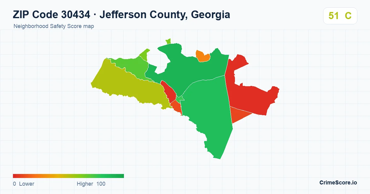 ZIP Code 30434 in Jefferson County, Georgia neighborhood Safety Score map