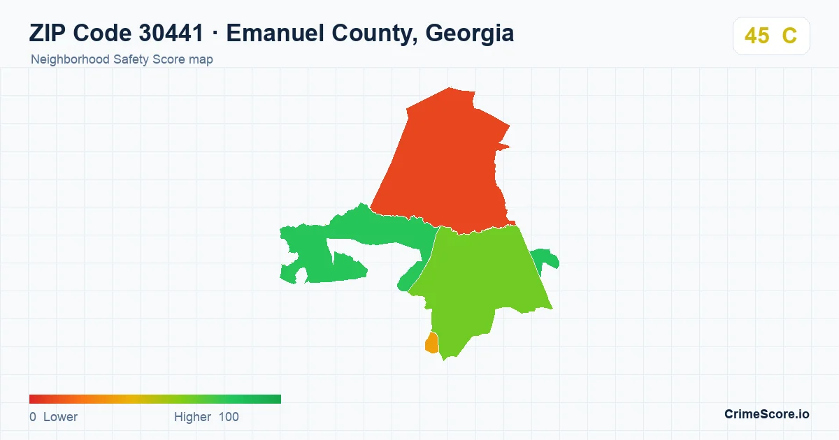 ZIP Code 30441 in Emanuel County, Georgia neighborhood Safety Score map