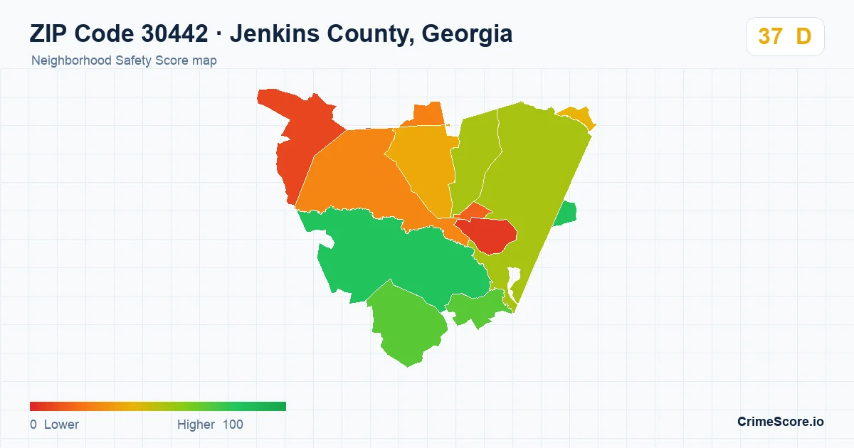 ZIP Code 30442 in Jenkins County, Georgia neighborhood Safety Score map
