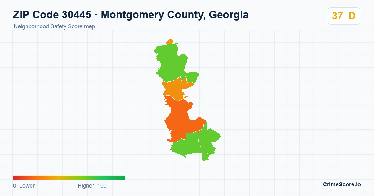 ZIP Code 30445 in Montgomery County, Georgia neighborhood Safety Score map