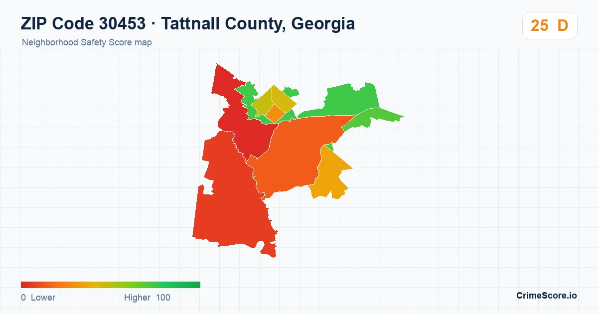 ZIP Code 30453 in Tattnall County, Georgia neighborhood Safety Score map