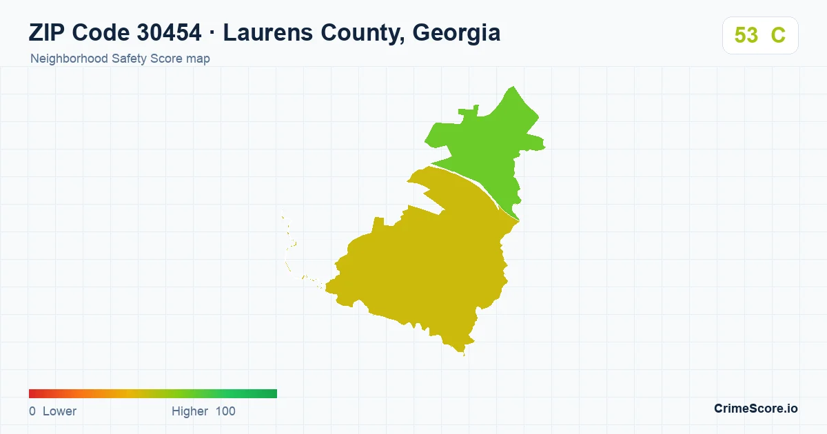 ZIP Code 30454 in Laurens County, Georgia neighborhood Safety Score map