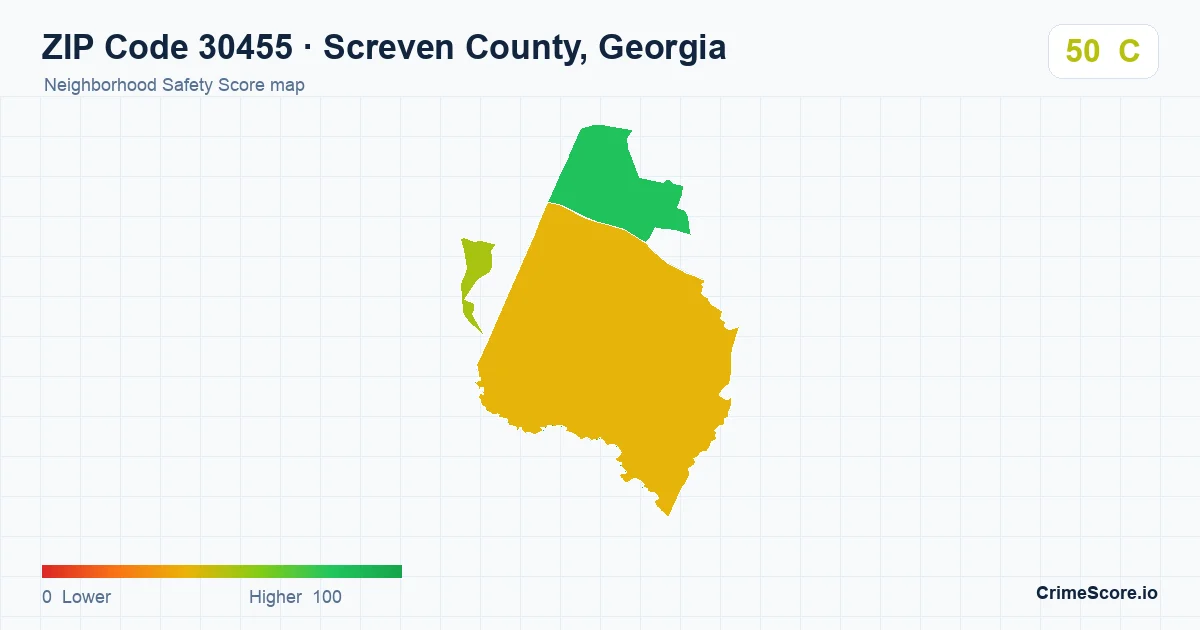 ZIP Code 30455 in Screven County, Georgia neighborhood Safety Score map
