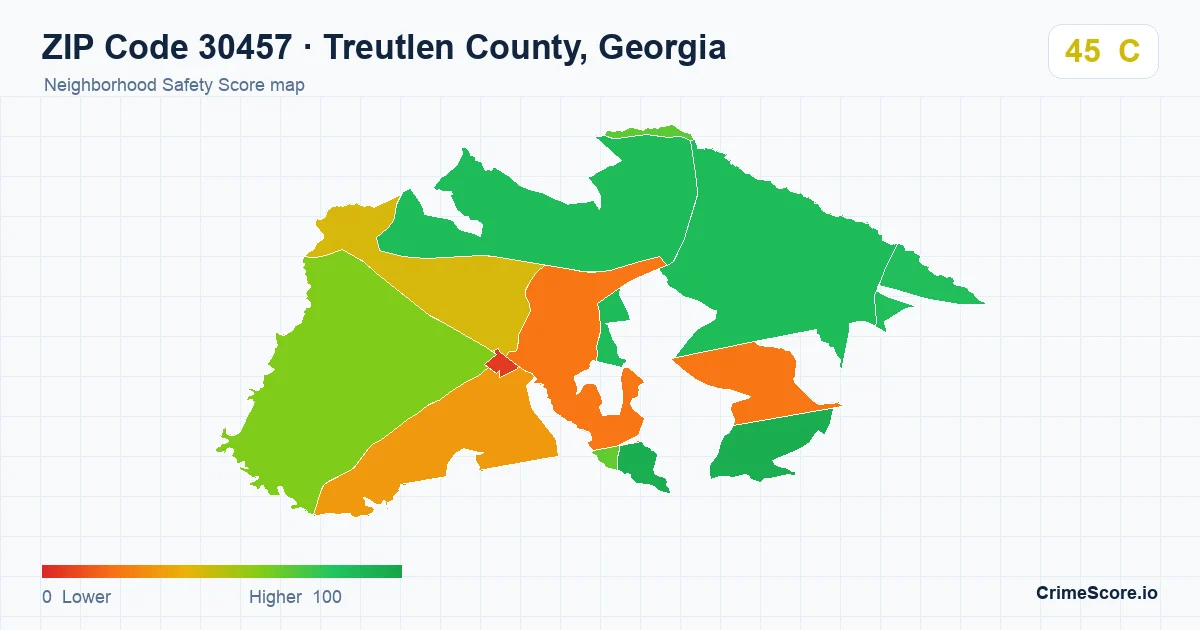 ZIP Code 30457 in Treutlen County, Georgia neighborhood Safety Score map