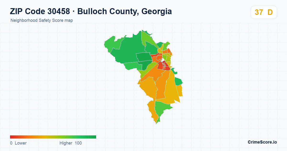 ZIP Code 30458 in Bulloch County, Georgia neighborhood Safety Score map