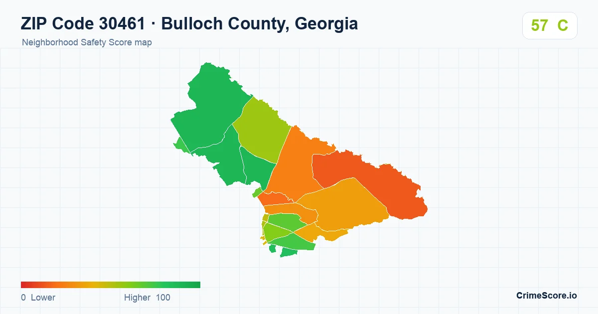 ZIP Code 30461 in Bulloch County, Georgia neighborhood Safety Score map