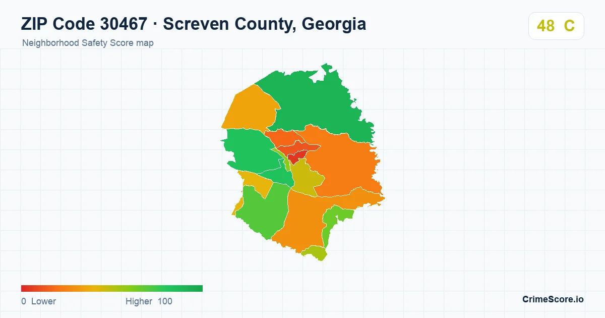 ZIP Code 30467 in Screven County, Georgia neighborhood Safety Score map