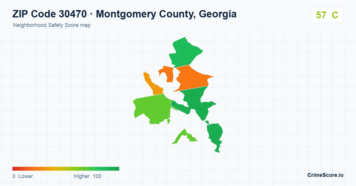 ZIP Code 30470 in Montgomery County, Georgia neighborhood Safety Score map