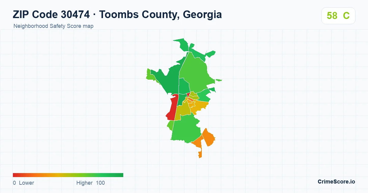 ZIP Code 30474 in Toombs County, Georgia neighborhood Safety Score map