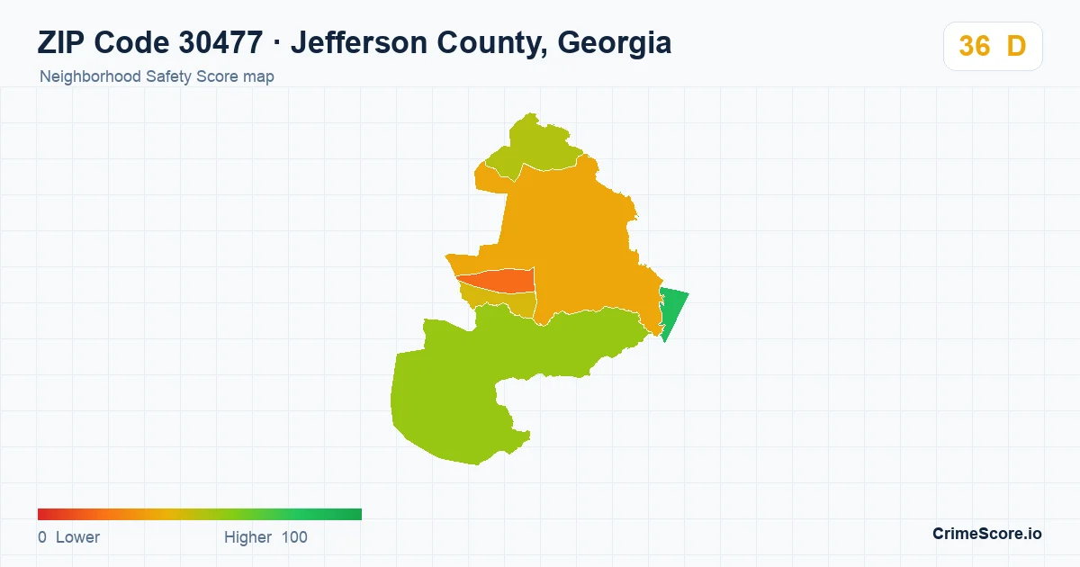 ZIP Code 30477 in Jefferson County, Georgia neighborhood Safety Score map