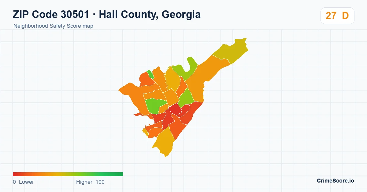 ZIP Code 30501 in Hall County, Georgia neighborhood Safety Score map